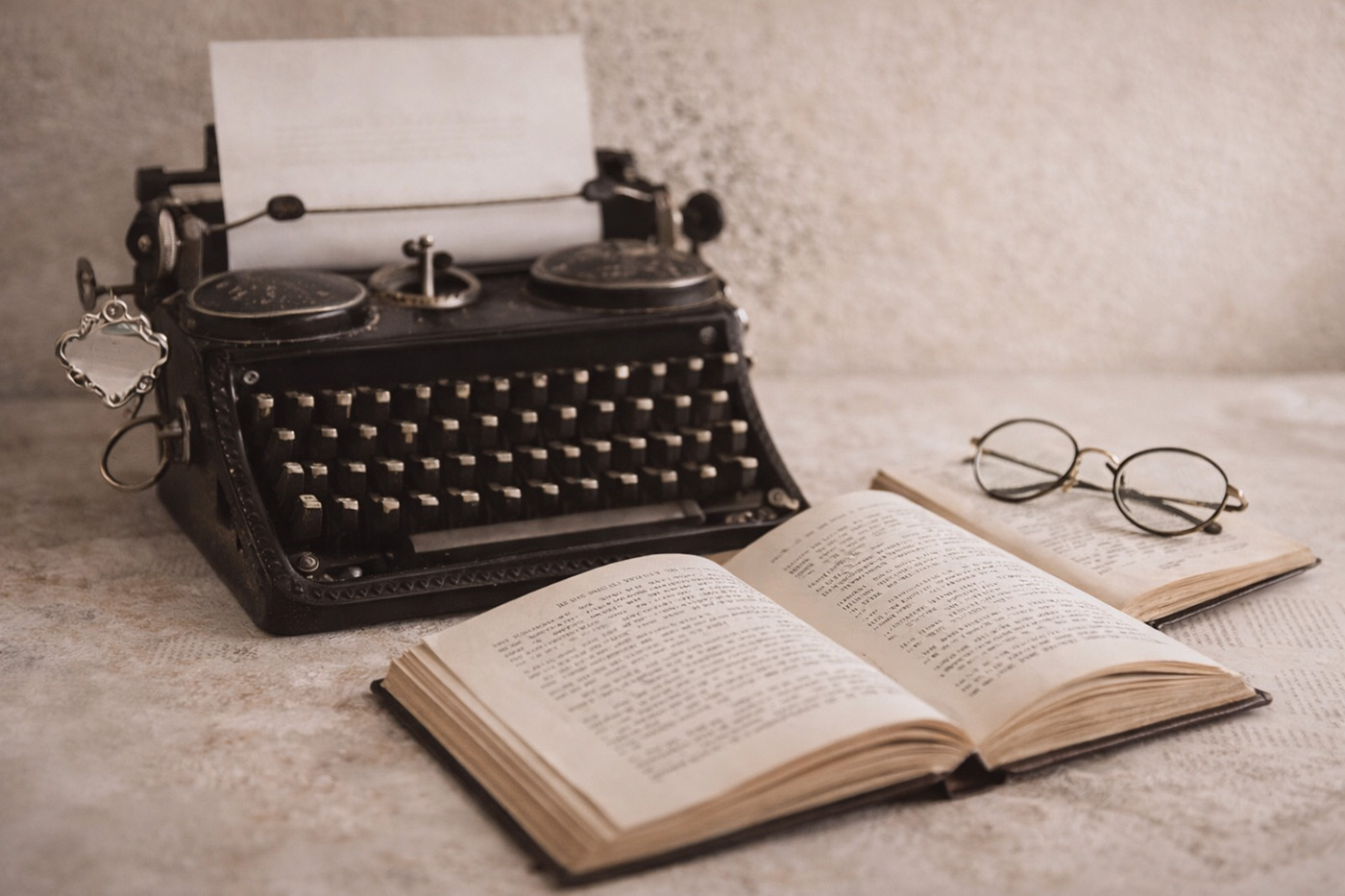 Τα θεμέλια της ποίησης, βιβλιο ανοιχτό με γυαλιά και παλιά γραφομηχανή